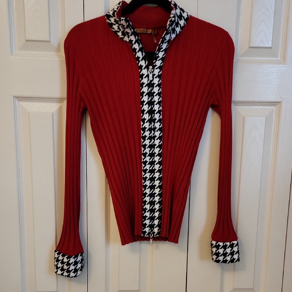 Red Ribbed Cardigan with Houndstooth Trim